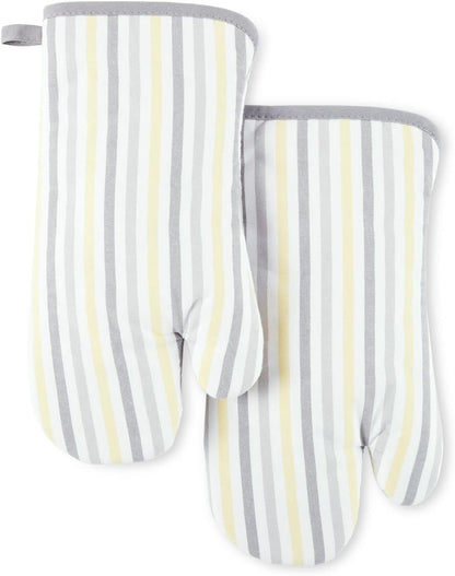 Daisy Stripe Oven Mitt Set 2-Pack, Grey/Yellow, 7"x13"