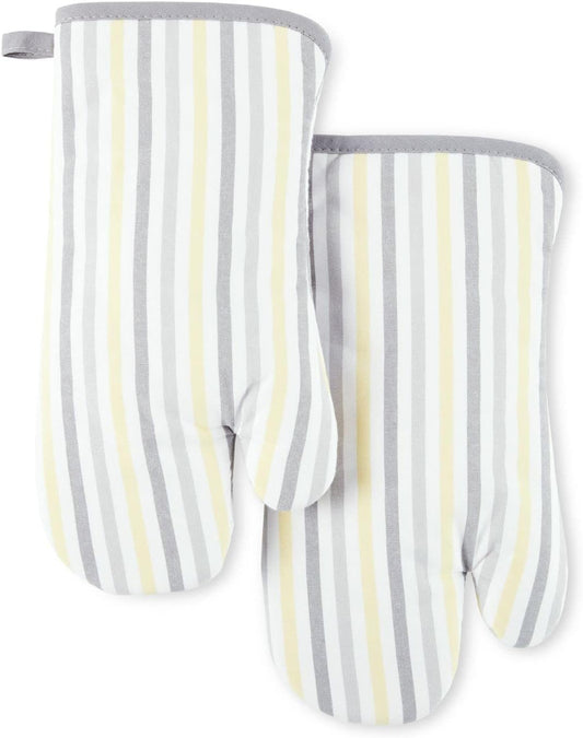 Daisy Stripe Oven Mitt Set 2-Pack, Grey/Yellow, 7"x13"
