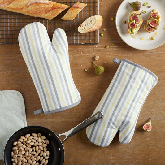 Daisy Stripe Oven Mitt Set 2-Pack, Grey/Yellow, 7"x13"