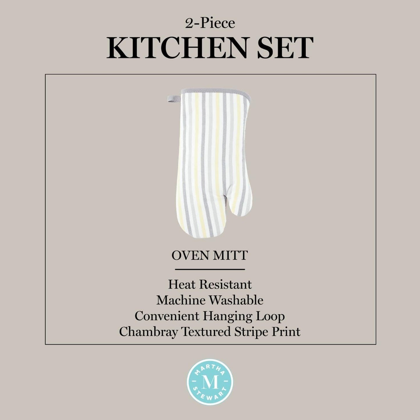 Daisy Stripe Oven Mitt Set 2-Pack, Grey/Yellow, 7"x13"