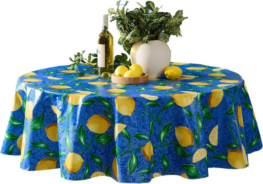 Round Vinyl Tablecloth, 70 Inch, Mediterranean Zest Vinyl Flannel Backed Table Cloth, Lemon Print