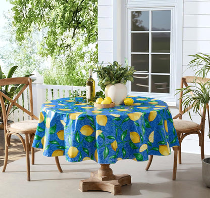 Round Vinyl Tablecloth, 70 Inch, Mediterranean Zest Vinyl Flannel Backed Table Cloth, Lemon Print