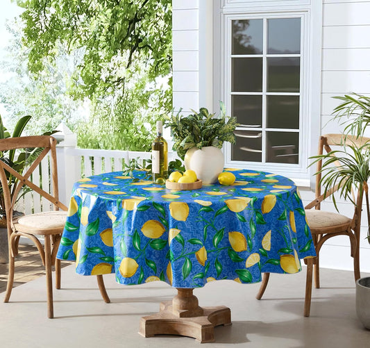 Round Vinyl Tablecloth, 70 Inch, Mediterranean Zest Vinyl Flannel Backed Table Cloth, Lemon Print