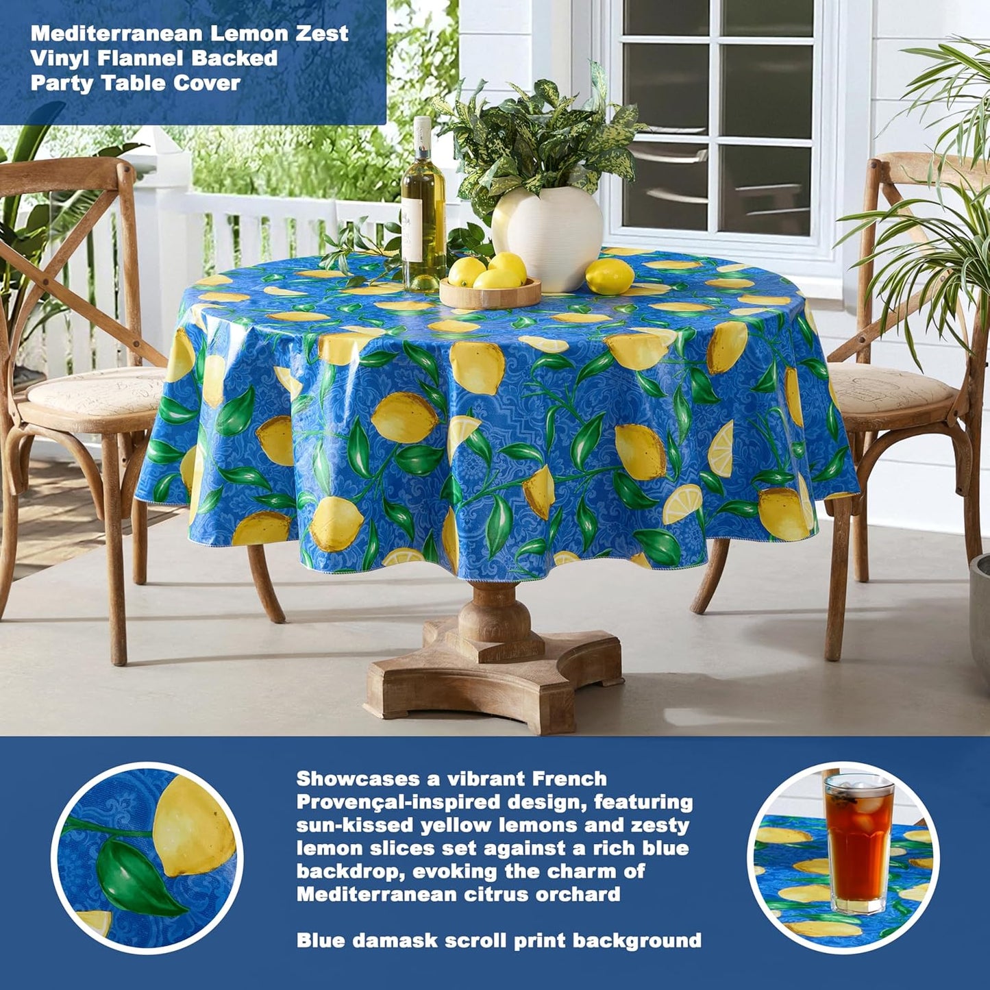 Round Vinyl Tablecloth, 70 Inch, Mediterranean Zest Vinyl Flannel Backed Table Cloth, Lemon Print