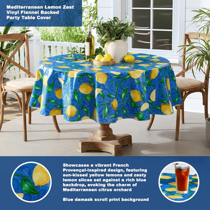 Round Vinyl Tablecloth, 70 Inch, Mediterranean Zest Vinyl Flannel Backed Table Cloth, Lemon Print