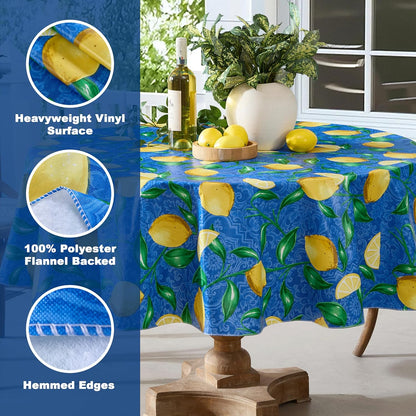 Round Vinyl Tablecloth, 70 Inch, Mediterranean Zest Vinyl Flannel Backed Table Cloth, Lemon Print