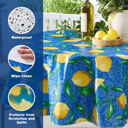 Round Vinyl Tablecloth, 70 Inch, Mediterranean Zest Vinyl Flannel Backed Table Cloth, Lemon Print