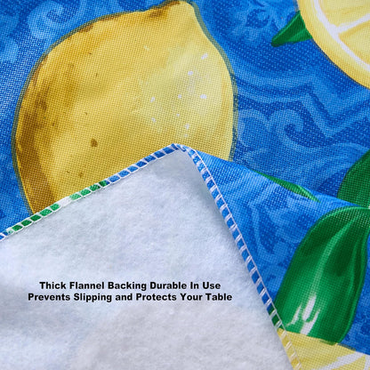 Round Vinyl Tablecloth, 70 Inch, Mediterranean Zest Vinyl Flannel Backed Table Cloth, Lemon Print
