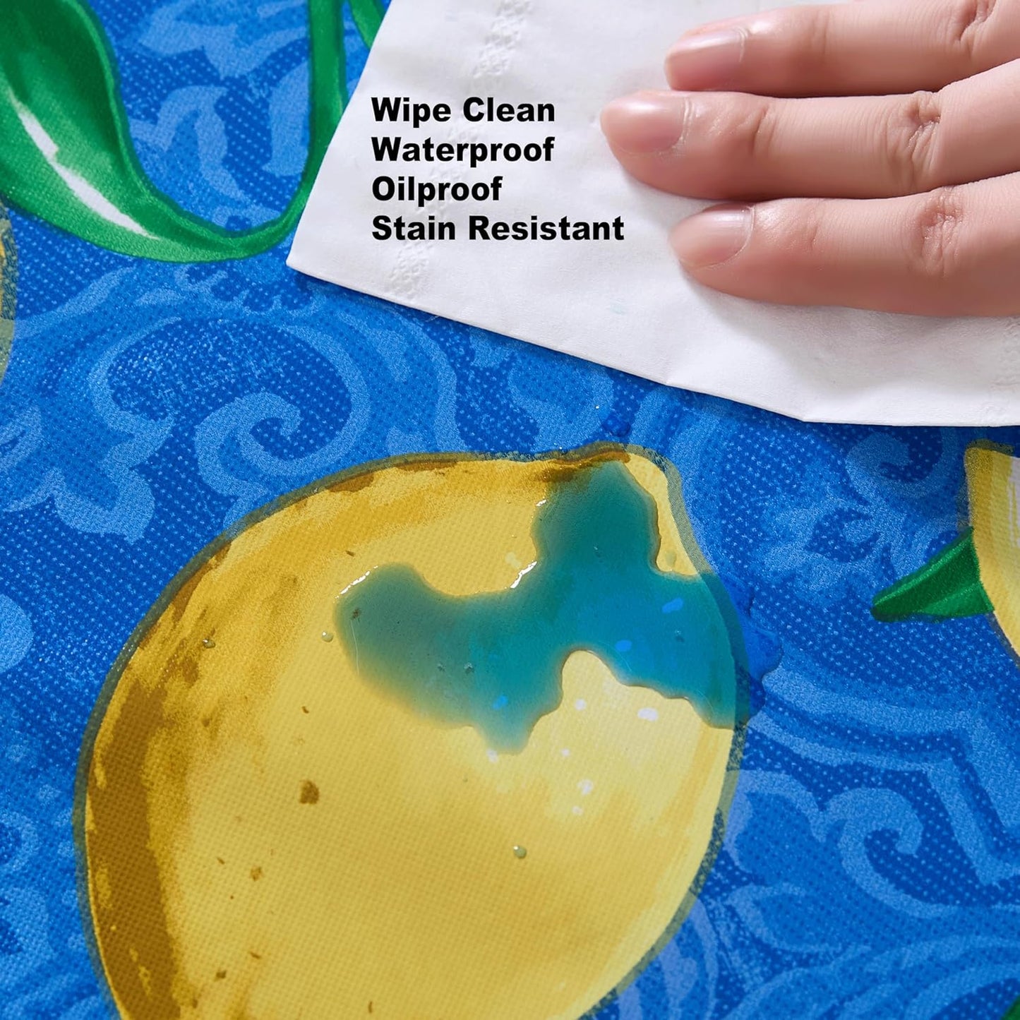 Round Vinyl Tablecloth, 70 Inch, Mediterranean Zest Vinyl Flannel Backed Table Cloth, Lemon Print