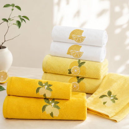 6 Pack Lemon Bath Towel Set, Summer Yellow Cotton Embroidered Towels for Bathroom Decor, Soft and Absorbent, Includes 2 Bath Cloth & 2 Hand Cloth & 2 Washcloths