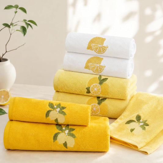 6 Pack Lemon Bath Towel Set, Summer Yellow Cotton Embroidered Towels for Bathroom Decor, Soft and Absorbent, Includes 2 Bath Cloth & 2 Hand Cloth & 2 Washcloths