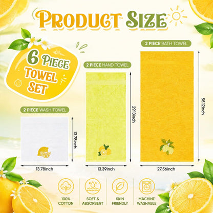 6 Pack Lemon Bath Towel Set, Summer Yellow Cotton Embroidered Towels for Bathroom Decor, Soft and Absorbent, Includes 2 Bath Cloth & 2 Hand Cloth & 2 Washcloths