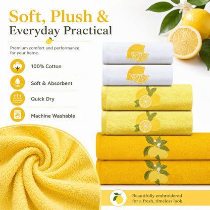6 Pack Lemon Bath Towel Set, Summer Yellow Cotton Embroidered Towels for Bathroom Decor, Soft and Absorbent, Includes 2 Bath Cloth & 2 Hand Cloth & 2 Washcloths