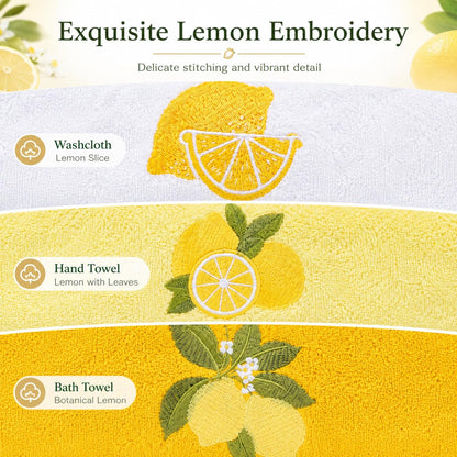 6 Pack Lemon Bath Towel Set, Summer Yellow Cotton Embroidered Towels for Bathroom Decor, Soft and Absorbent, Includes 2 Bath Cloth & 2 Hand Cloth & 2 Washcloths