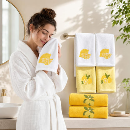 6 Pack Lemon Bath Towel Set, Summer Yellow Cotton Embroidered Towels for Bathroom Decor, Soft and Absorbent, Includes 2 Bath Cloth & 2 Hand Cloth & 2 Washcloths