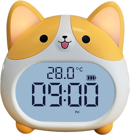 Dog Alarm Clock, Loud Bell Alarm Clock with Night Light, Rechargeable Teen Digital Clock with 6 Alarm, Timer and Temperature Display, Cute Animal Bedside Clock for Bedroom Study Office (Yellow)