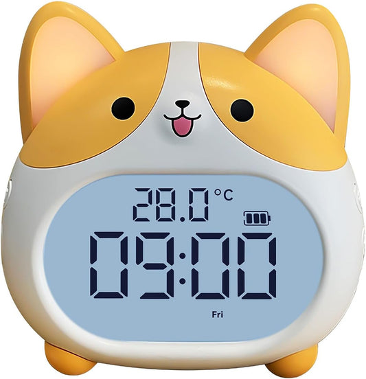Dog Alarm Clock, Loud Bell Alarm Clock with Night Light, Rechargeable Teen Digital Clock with 6 Alarm, Timer and Temperature Display, Cute Animal Bedside Clock for Bedroom Study Office (Yellow)