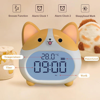 Dog Alarm Clock, Loud Bell Alarm Clock with Night Light, Rechargeable Teen Digital Clock with 6 Alarm, Timer and Temperature Display, Cute Animal Bedside Clock for Bedroom Study Office (Yellow)