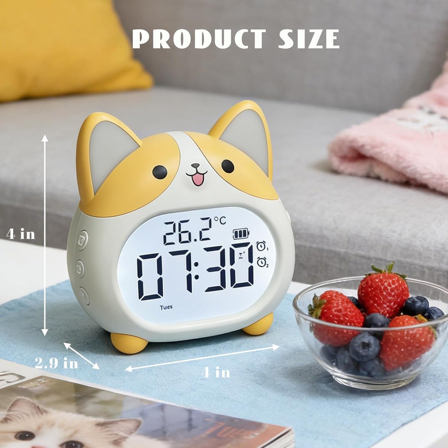 Dog Alarm Clock, Loud Bell Alarm Clock with Night Light, Rechargeable Teen Digital Clock with 6 Alarm, Timer and Temperature Display, Cute Animal Bedside Clock for Bedroom Study Office (Yellow)
