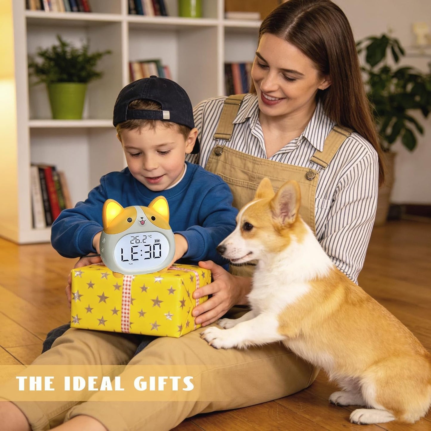 Dog Alarm Clock, Loud Bell Alarm Clock with Night Light, Rechargeable Teen Digital Clock with 6 Alarm, Timer and Temperature Display, Cute Animal Bedside Clock for Bedroom Study Office (Yellow)