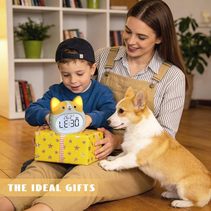 Dog Alarm Clock, Loud Bell Alarm Clock with Night Light, Rechargeable Teen Digital Clock with 6 Alarm, Timer and Temperature Display, Cute Animal Bedside Clock for Bedroom Study Office (Yellow)