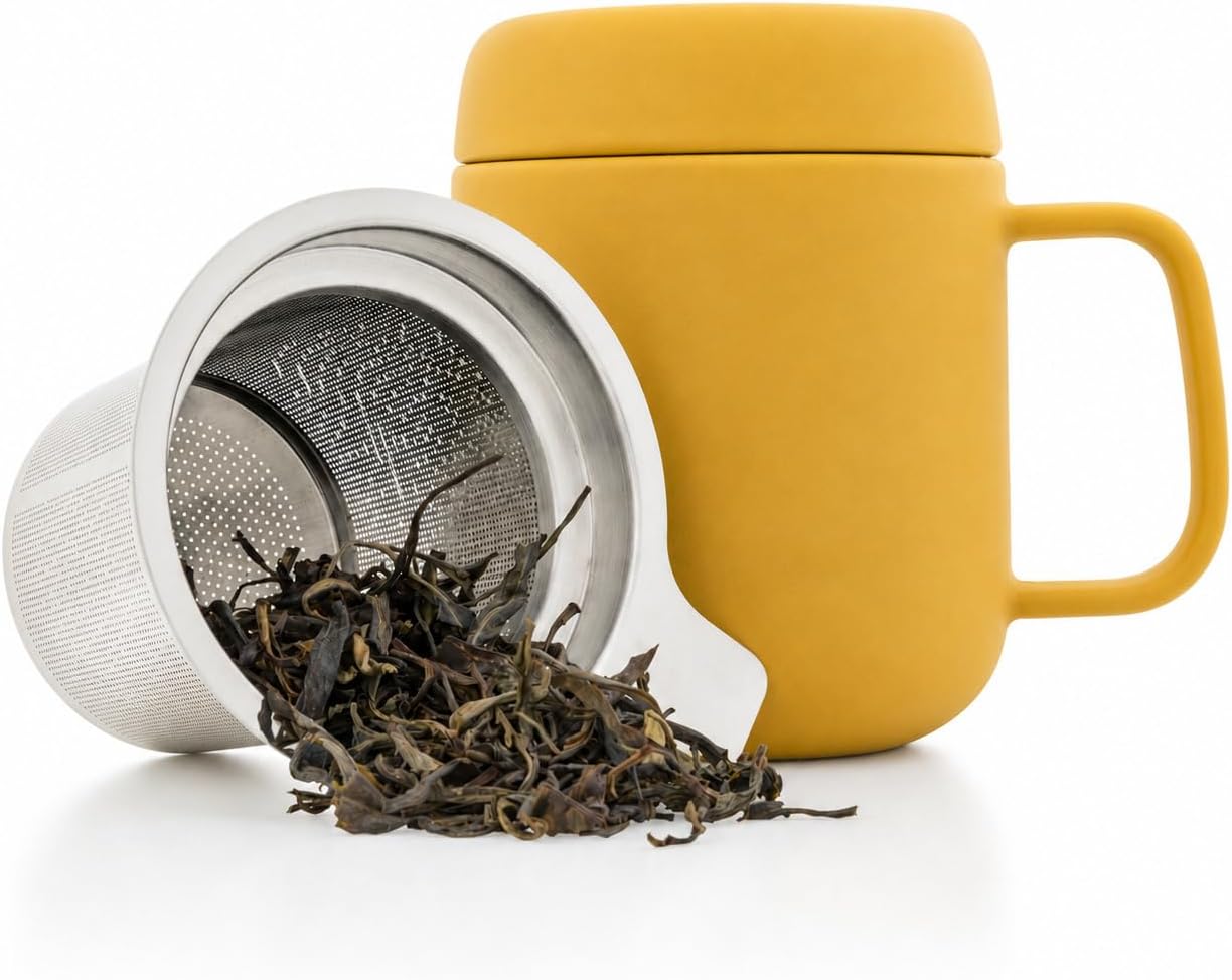 Sumo Porcelain Loose Tea Steeping Mug - 15oz/450 ml Ceramic Tea Cup with Infuser and Lid/Coaster - Extra Fine Stainless Steel Infusion Strainer - For Home or Office - Yellow