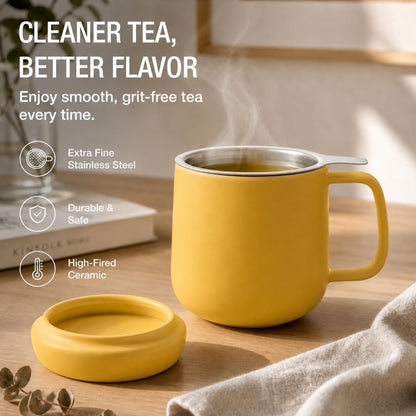 Sumo Porcelain Loose Tea Steeping Mug - 15oz/450 ml Ceramic Tea Cup with Infuser and Lid/Coaster - Extra Fine Stainless Steel Infusion Strainer - For Home or Office - Yellow