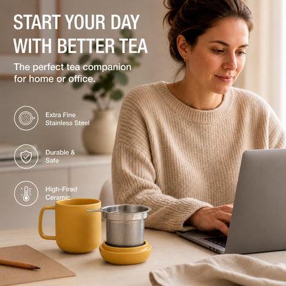 Sumo Porcelain Loose Tea Steeping Mug - 15oz/450 ml Ceramic Tea Cup with Infuser and Lid/Coaster - Extra Fine Stainless Steel Infusion Strainer - For Home or Office - Yellow