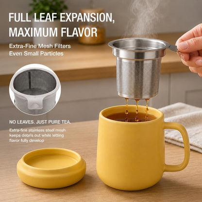 Sumo Porcelain Loose Tea Steeping Mug - 15oz/450 ml Ceramic Tea Cup with Infuser and Lid/Coaster - Extra Fine Stainless Steel Infusion Strainer - For Home or Office - Yellow
