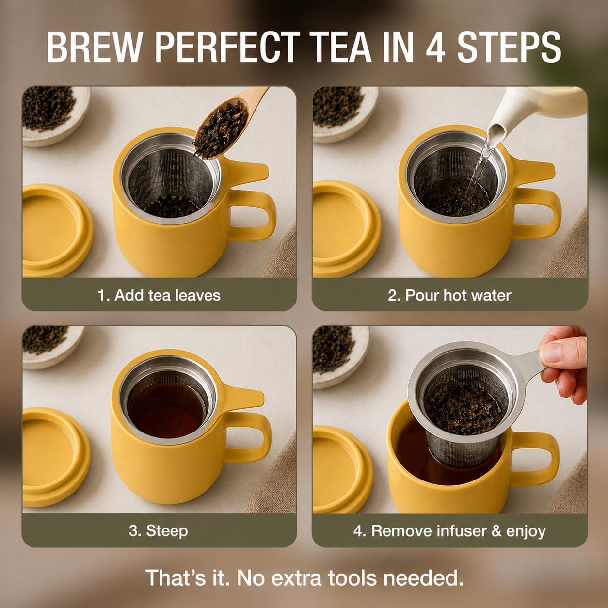 Sumo Porcelain Loose Tea Steeping Mug - 15oz/450 ml Ceramic Tea Cup with Infuser and Lid/Coaster - Extra Fine Stainless Steel Infusion Strainer - For Home or Office - Yellow