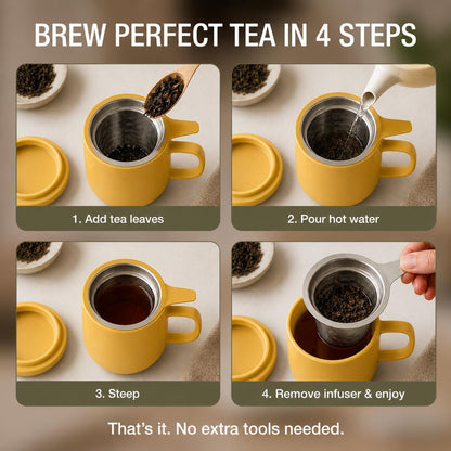 Sumo Porcelain Loose Tea Steeping Mug - 15oz/450 ml Ceramic Tea Cup with Infuser and Lid/Coaster - Extra Fine Stainless Steel Infusion Strainer - For Home or Office - Yellow