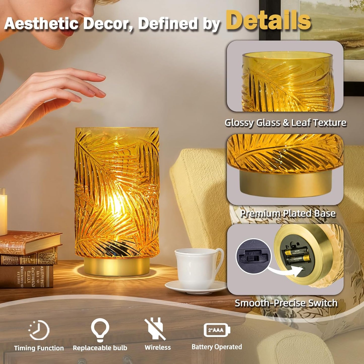 Battery Operated Table Lamp, Cordless Lamps for Home Decor, Battery Powered Nightlight with LED Bulb with Timer, Decorative Lights for Living Room Bedroom Tabletop Entryway Centerpiece Gift(S Yellow)
