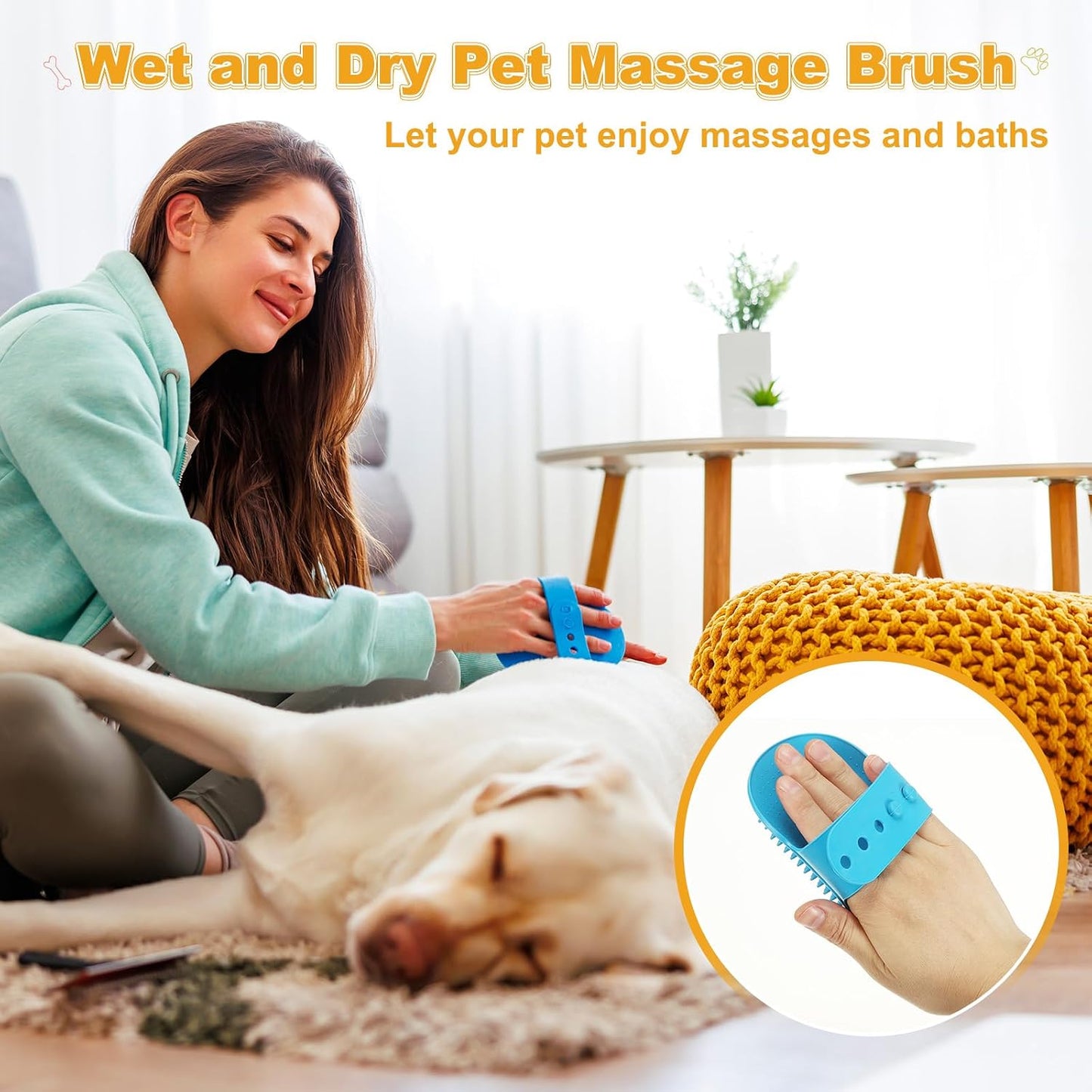 Dog Bath Brush, Silicone Pet Shampoo Brush with Adjustable Ring Handle Massage Scrubber Comb(2Pcs, Yellow/Pink), for Long Short Hair Dogs and Cats Bathing Cleaning Shampooing