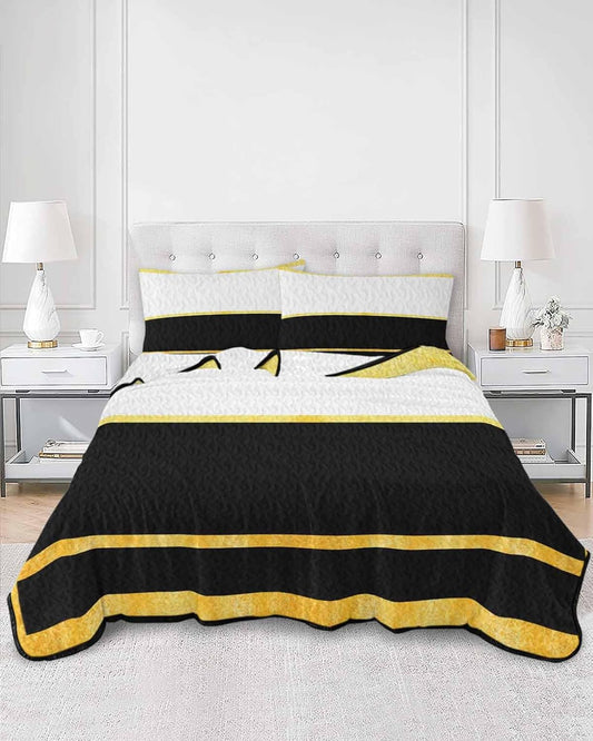 Summer Quilts Twin XL Size, Lightweight Quilted Coverlet Modern Black Gold Comforter Set for Bed, All Season Minimalist Geometric Yellow Striped Soft Quilt Bedding with 2 Pillowcases 68x98 Inch