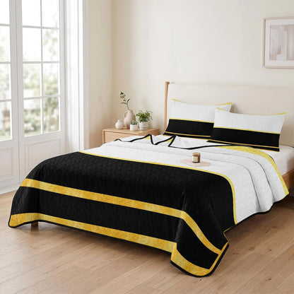 Summer Quilts Twin XL Size, Lightweight Quilted Coverlet Modern Black Gold Comforter Set for Bed, All Season Minimalist Geometric Yellow Striped Soft Quilt Bedding with 2 Pillowcases 68x98 Inch