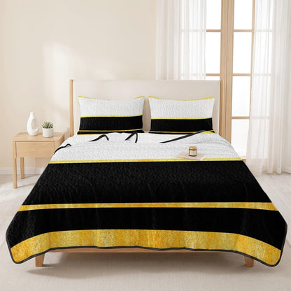 Summer Quilts Twin XL Size, Lightweight Quilted Coverlet Modern Black Gold Comforter Set for Bed, All Season Minimalist Geometric Yellow Striped Soft Quilt Bedding with 2 Pillowcases 68x98 Inch