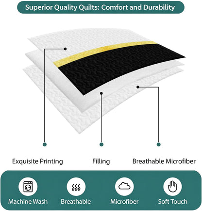 Summer Quilts Twin XL Size, Lightweight Quilted Coverlet Modern Black Gold Comforter Set for Bed, All Season Minimalist Geometric Yellow Striped Soft Quilt Bedding with 2 Pillowcases 68x98 Inch
