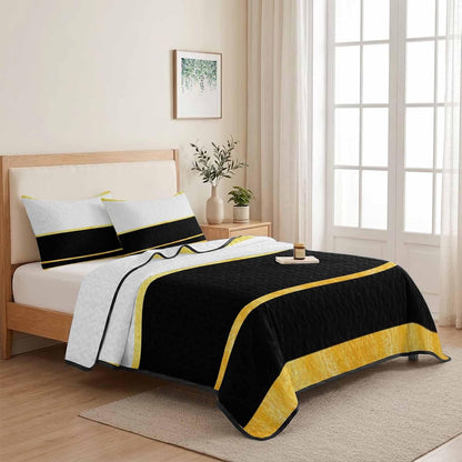 Summer Quilts Twin XL Size, Lightweight Quilted Coverlet Modern Black Gold Comforter Set for Bed, All Season Minimalist Geometric Yellow Striped Soft Quilt Bedding with 2 Pillowcases 68x98 Inch