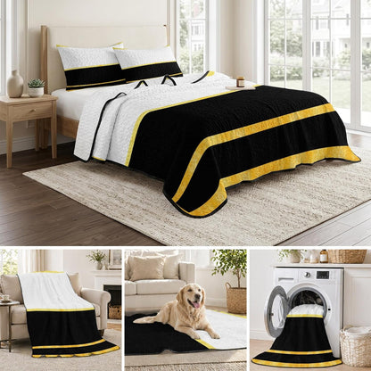 Summer Quilts Twin XL Size, Lightweight Quilted Coverlet Modern Black Gold Comforter Set for Bed, All Season Minimalist Geometric Yellow Striped Soft Quilt Bedding with 2 Pillowcases 68x98 Inch