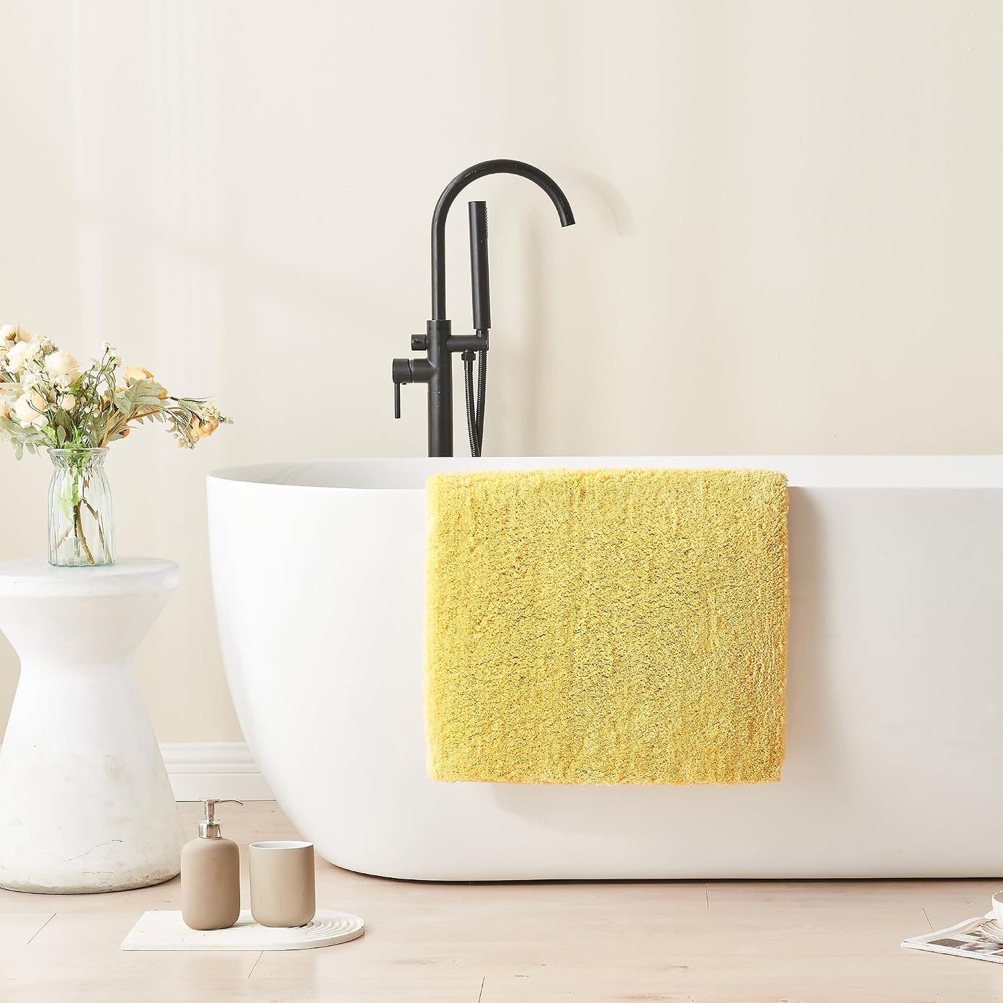 Upgraded Shaggy Bath mat for Bathroom Non Slip 15.7" X 23.6", Super Soft Quick Dry Bath Rugs, Fluffy Plush Bathroom Rugs Machine Washable, Bright Yellow