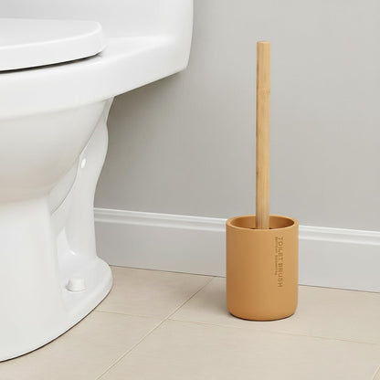 Compact Mustard Yellow Toilet Brush & Holder Set, Bamboo Handle | Deep Clean, Stiff Bristles, Drip Base, Modern Decor, Concealed Holder, Powder Room, Daily Toilet Cleaning