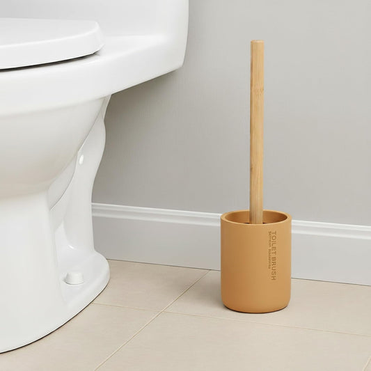Compact Mustard Yellow Toilet Brush & Holder Set, Bamboo Handle | Deep Clean, Stiff Bristles, Drip Base, Modern Decor, Concealed Holder, Powder Room, Daily Toilet Cleaning