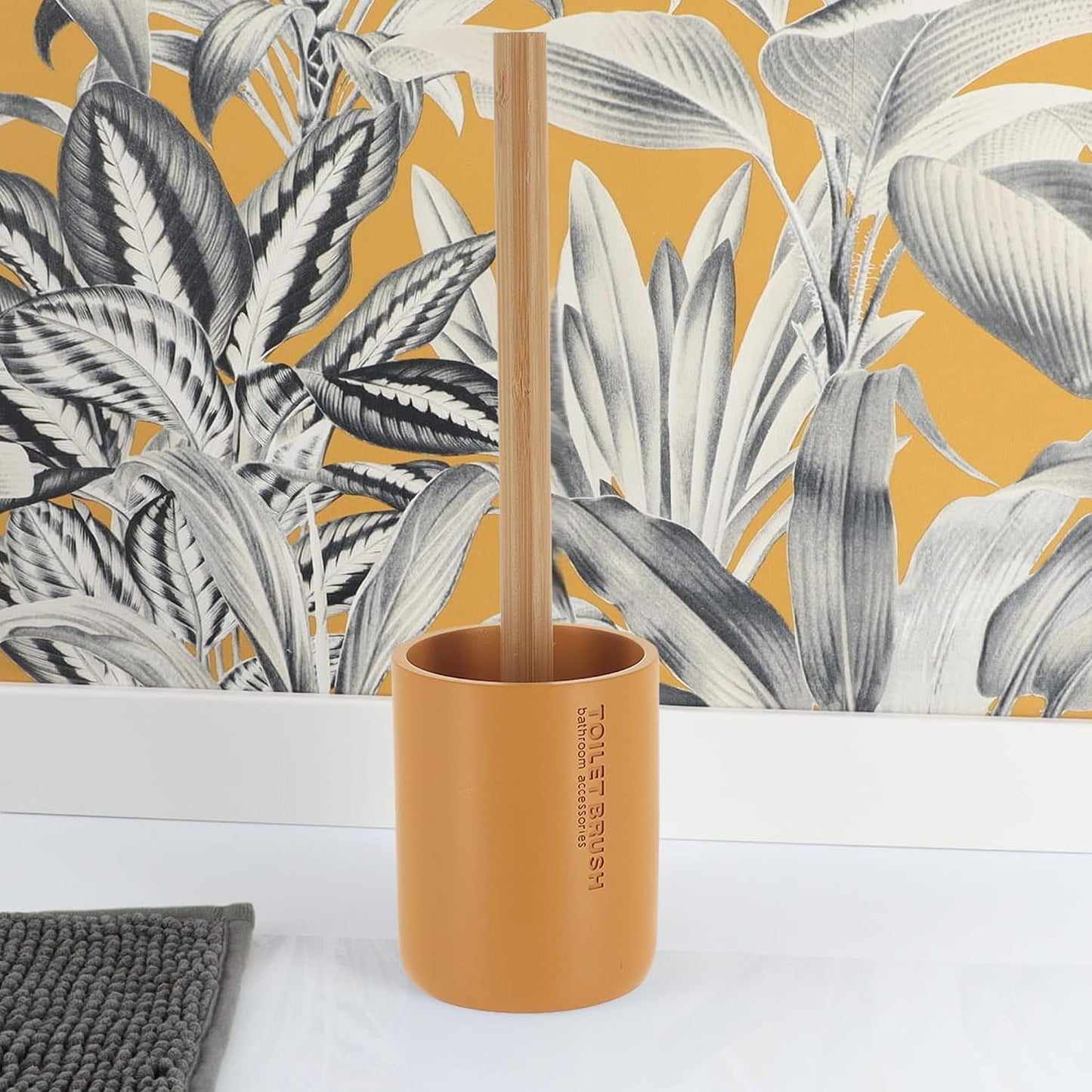 Compact Mustard Yellow Toilet Brush & Holder Set, Bamboo Handle | Deep Clean, Stiff Bristles, Drip Base, Modern Decor, Concealed Holder, Powder Room, Daily Toilet Cleaning