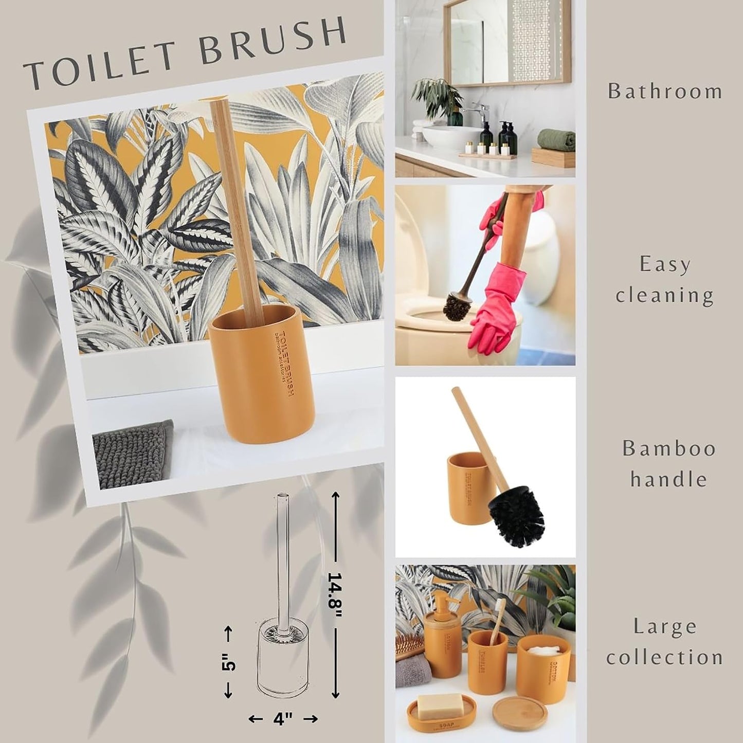 Compact Mustard Yellow Toilet Brush & Holder Set, Bamboo Handle | Deep Clean, Stiff Bristles, Drip Base, Modern Decor, Concealed Holder, Powder Room, Daily Toilet Cleaning