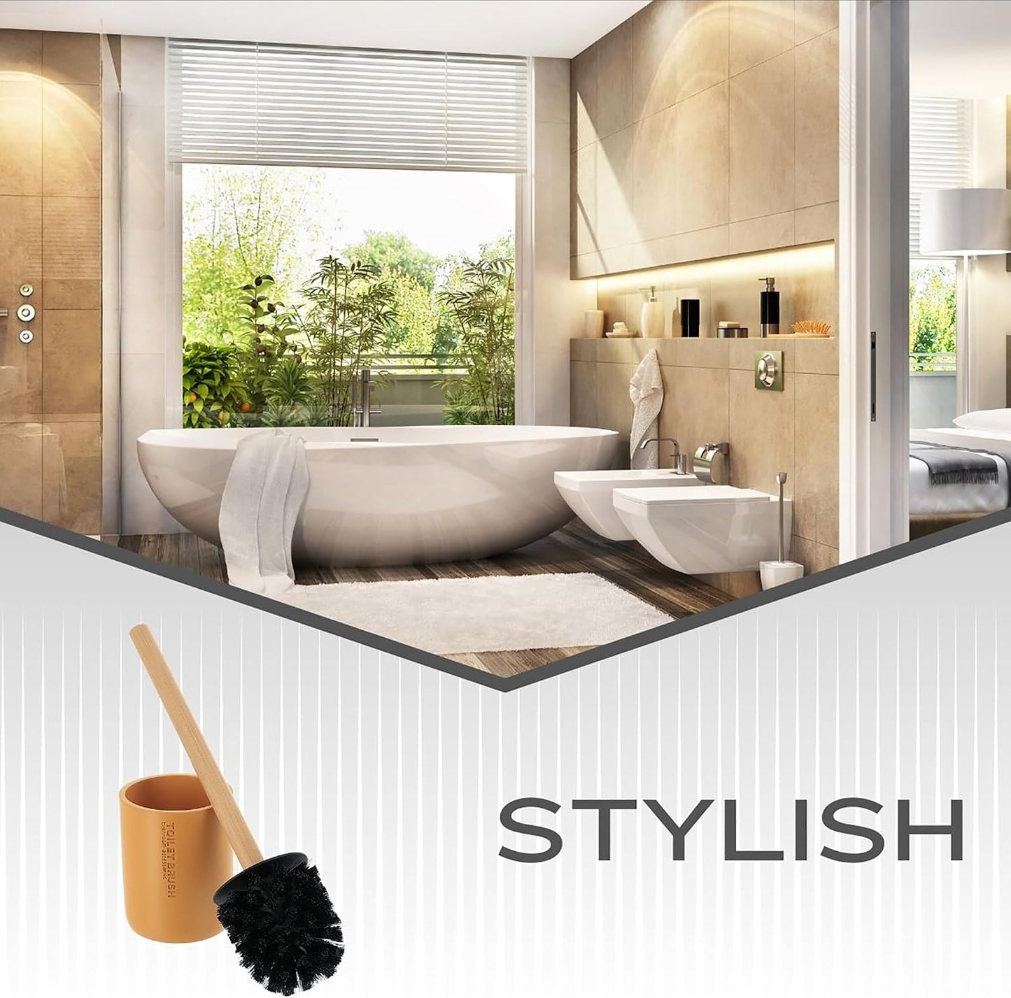 Compact Mustard Yellow Toilet Brush & Holder Set, Bamboo Handle | Deep Clean, Stiff Bristles, Drip Base, Modern Decor, Concealed Holder, Powder Room, Daily Toilet Cleaning