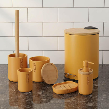 Compact Mustard Yellow Toilet Brush & Holder Set, Bamboo Handle | Deep Clean, Stiff Bristles, Drip Base, Modern Decor, Concealed Holder, Powder Room, Daily Toilet Cleaning