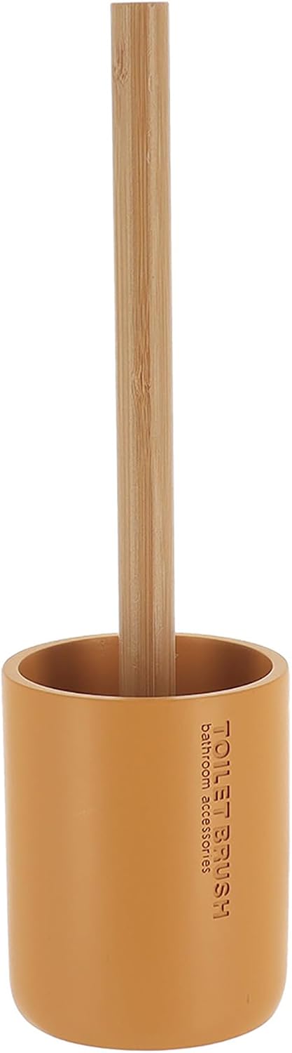 Compact Mustard Yellow Toilet Brush & Holder Set, Bamboo Handle | Deep Clean, Stiff Bristles, Drip Base, Modern Decor, Concealed Holder, Powder Room, Daily Toilet Cleaning