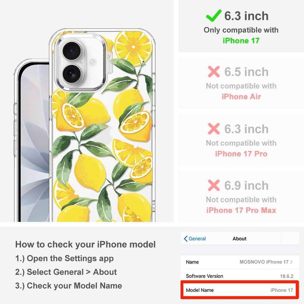 for iPhone 17 Case | Military Grade 6.6ft Drop Tested | Camera Control | Clear with Lemon Design