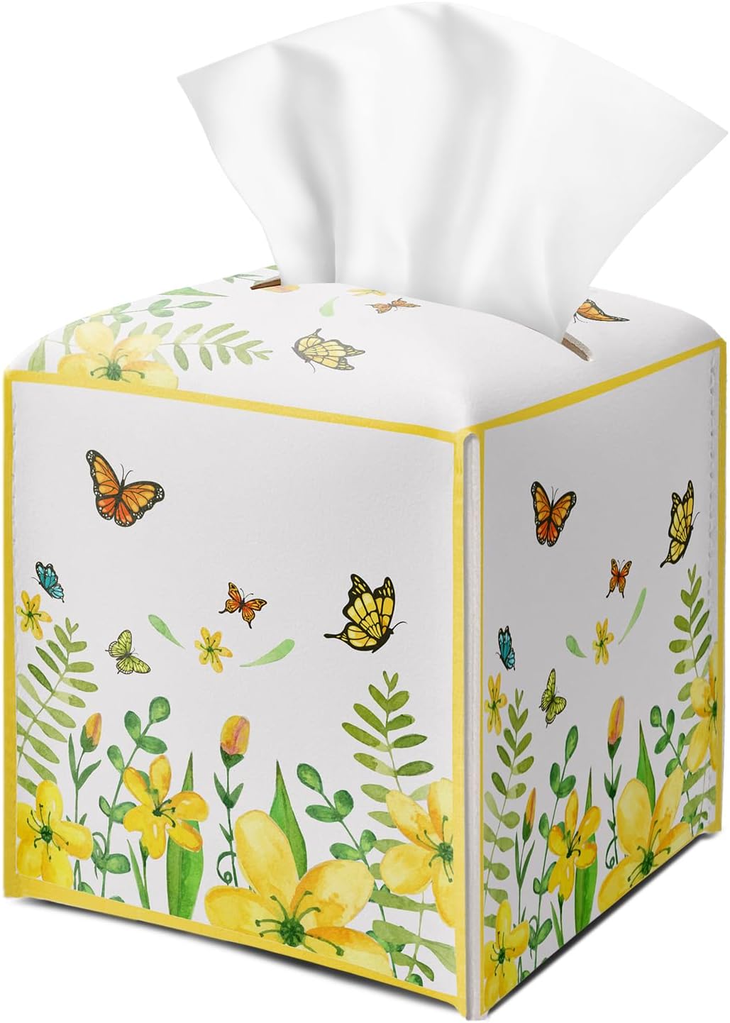 Yellow Floral Butterfly Tissue Box Cover Square with Bottom Belt, Leather Waterproof Tissue Holder Facial Paper Case for Tabletop Home Office Bathroom Car Decor -06
