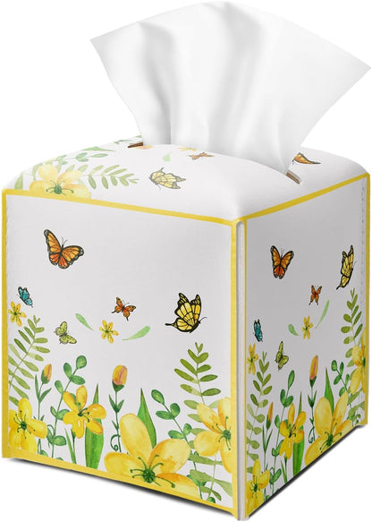 Yellow Floral Butterfly Tissue Box Cover Square with Bottom Belt, Leather Waterproof Tissue Holder Facial Paper Case for Tabletop Home Office Bathroom Car Decor -06